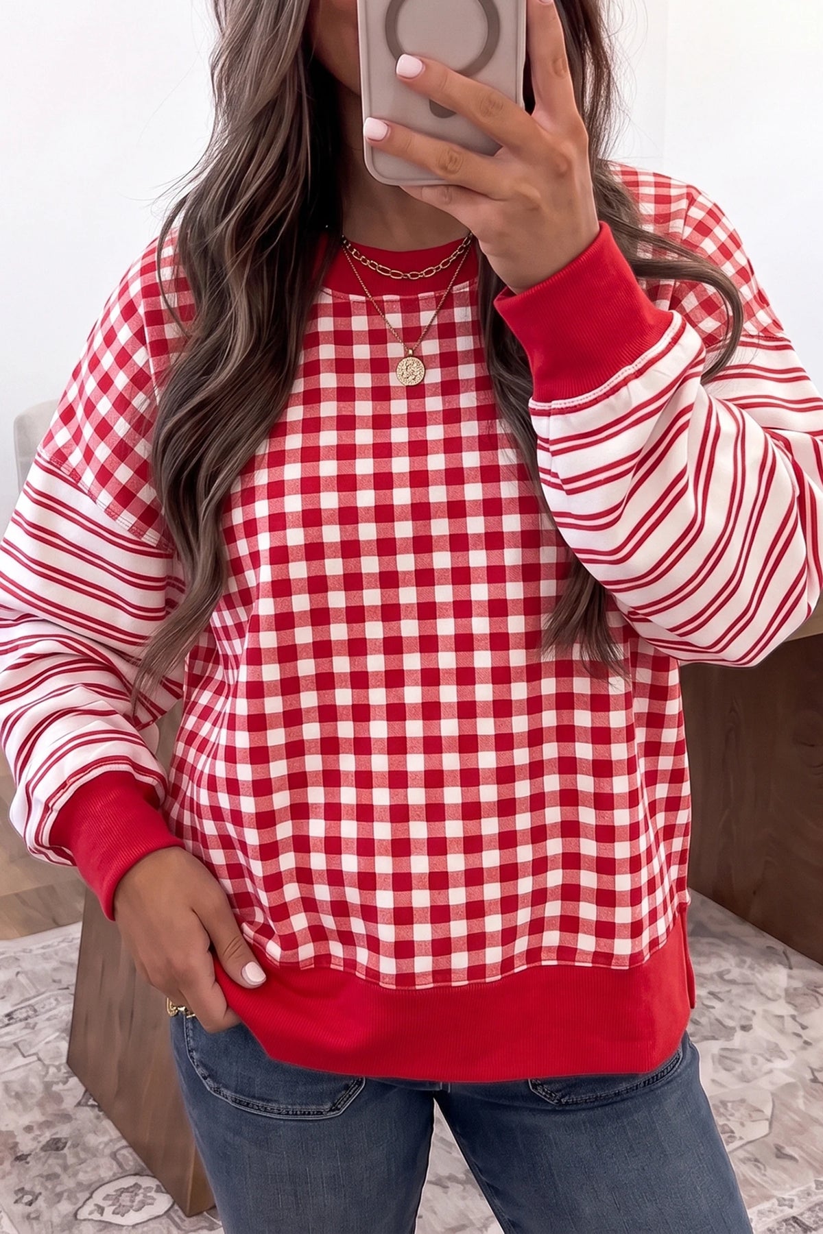 Brown Plaid Striped Patchwork Long Sleeve Casual Top