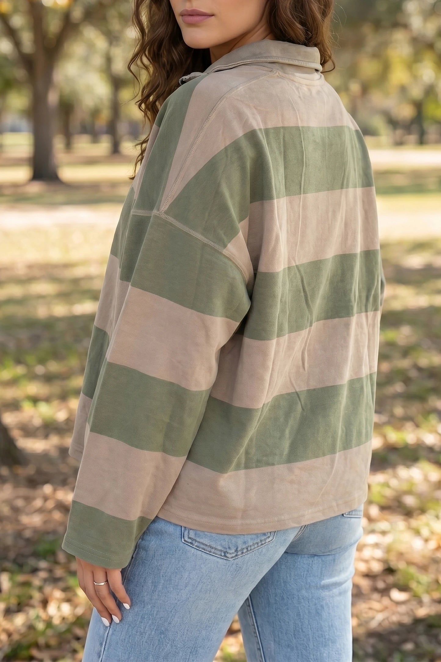Striped Colorblock Zipper Pullover Long Sleeve Loose Top