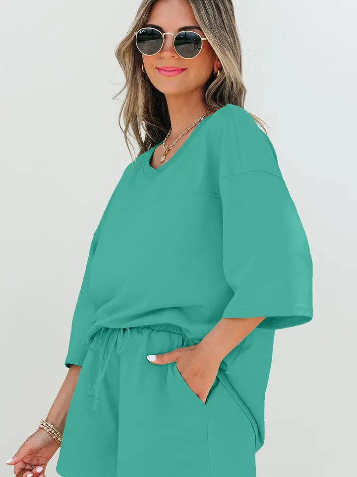 Meadow Mist Green Solid Loose V Neck Half Sleeve Tee and Shorts