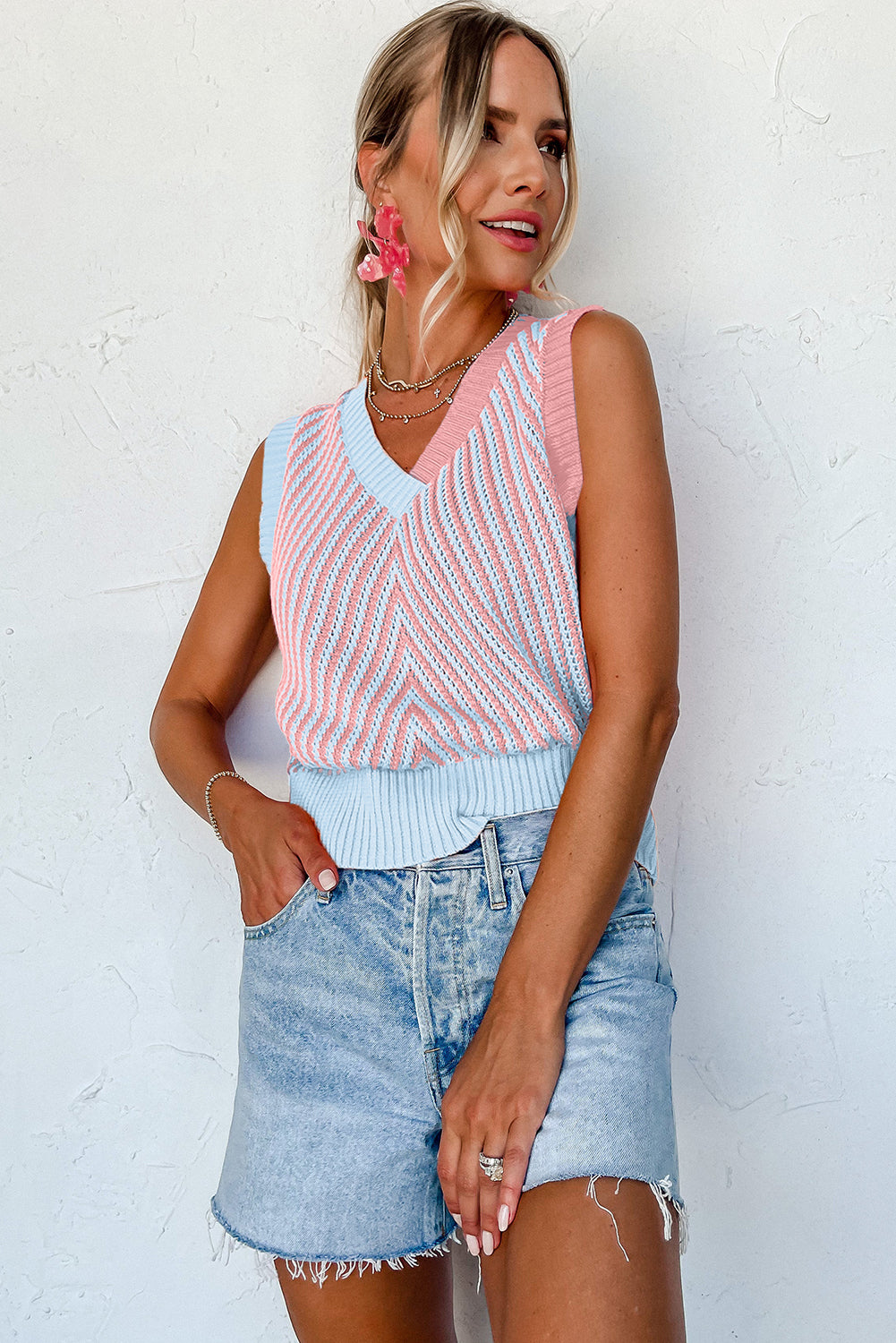 Light Pink Contrast Chevron Knit V Neck Sweater Vest