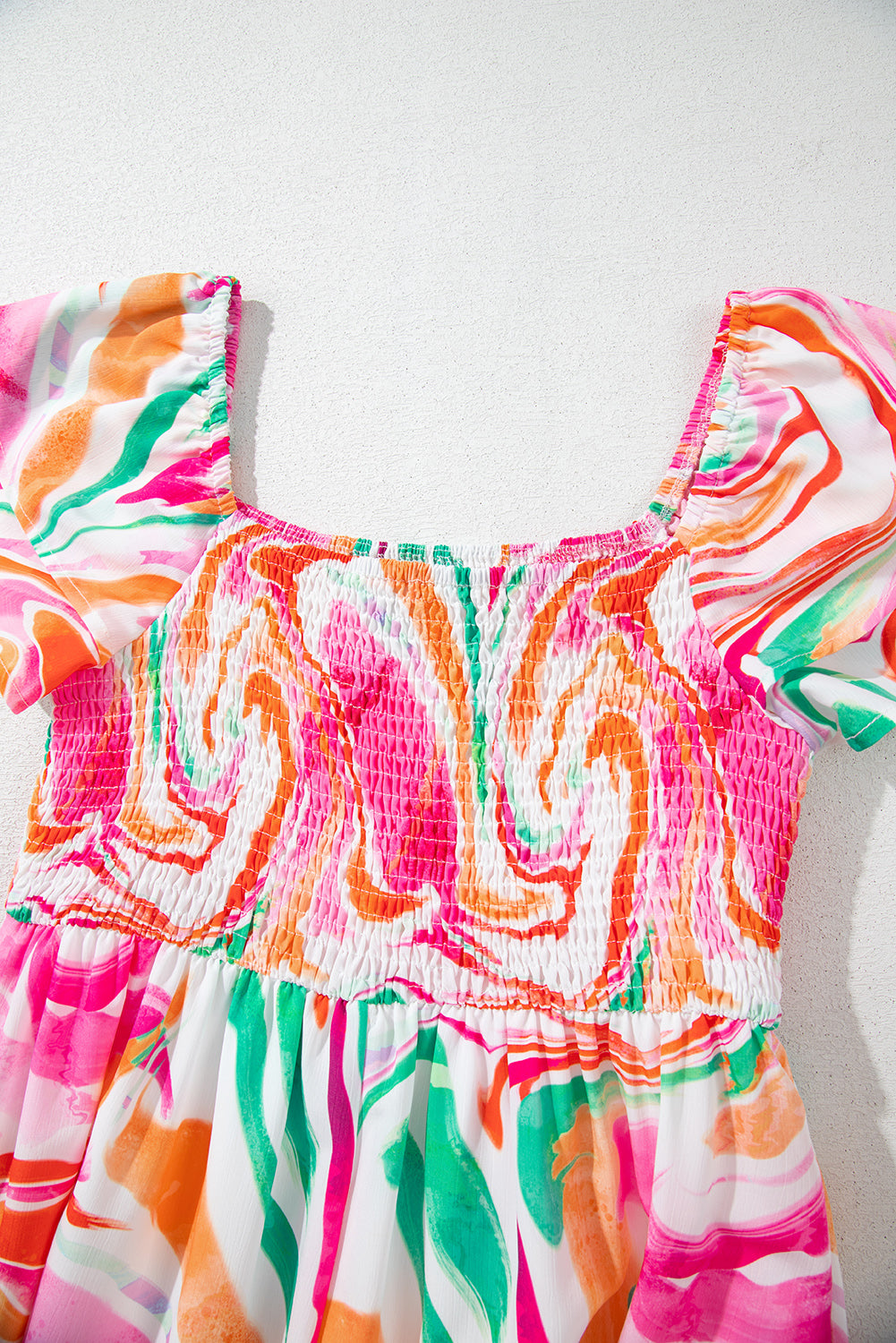 Pink Abstract Print Ruffled Sleeve Smocked Bust Maxi Dress