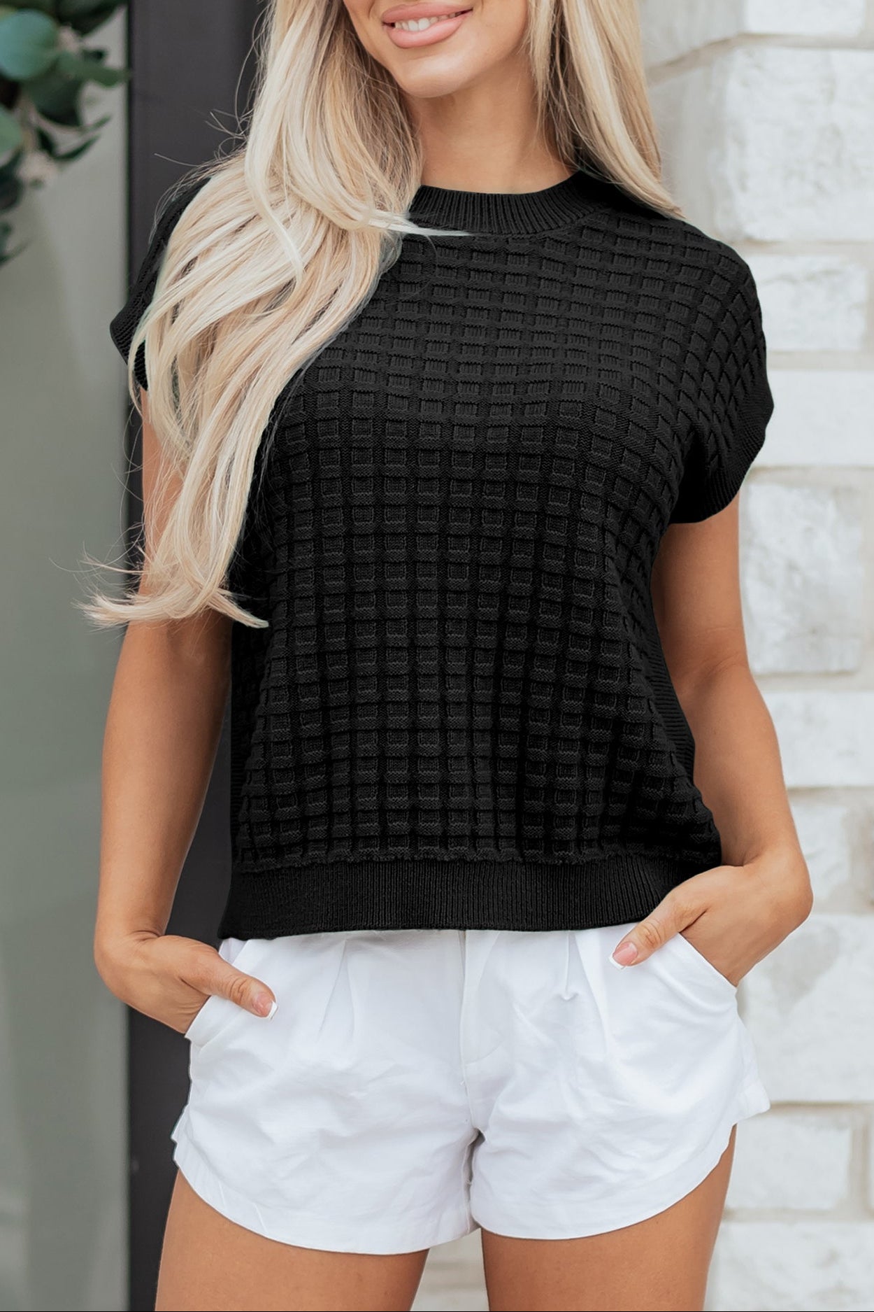 Black Solid Color Round Neck Textured Short Sleeve Sweater