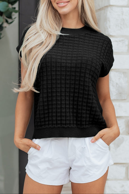 Black Solid Color Round Neck Textured Short Sleeve Sweater