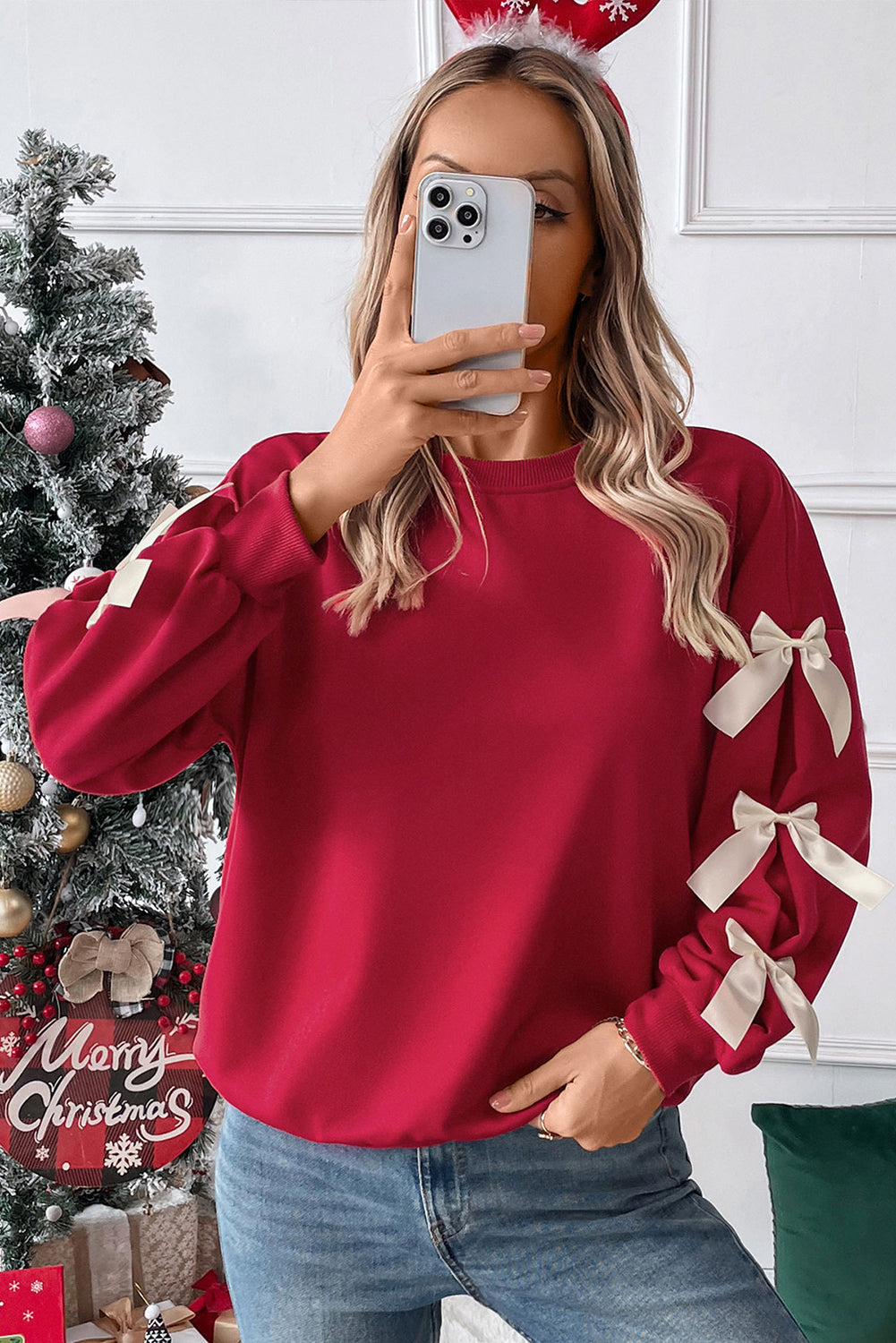 Myosotis Contrast Bow Decor Dropped Sleeve Crewneck Sweatshirt