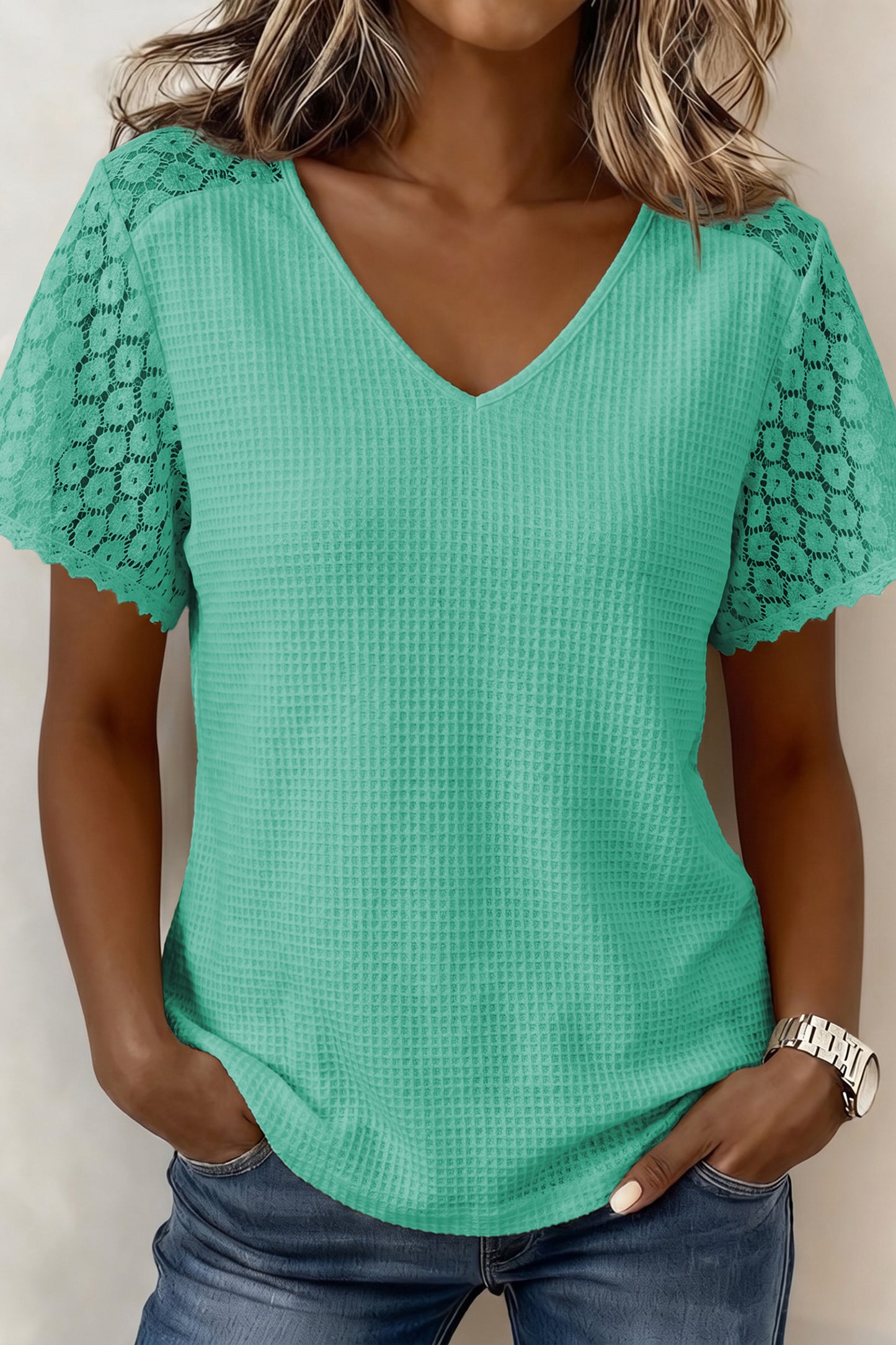 Patchwork Lace Viscose Blend Blouse Casual V-Neck Shift Top