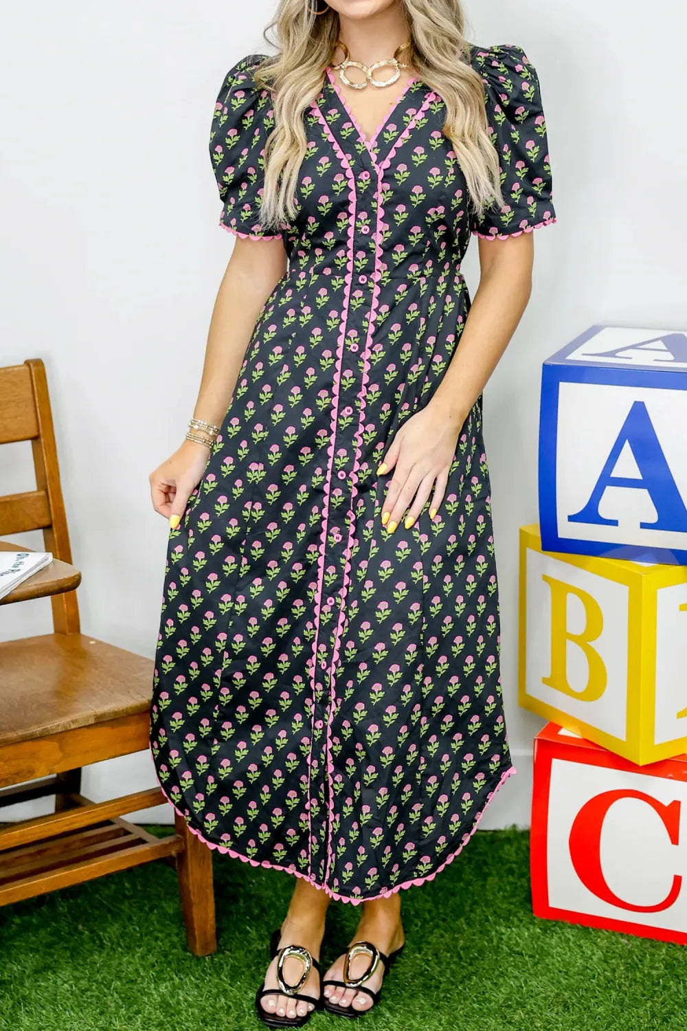 Black Floral Print V Neck Scallop Trim Button Front Short Sleeve Long Dress