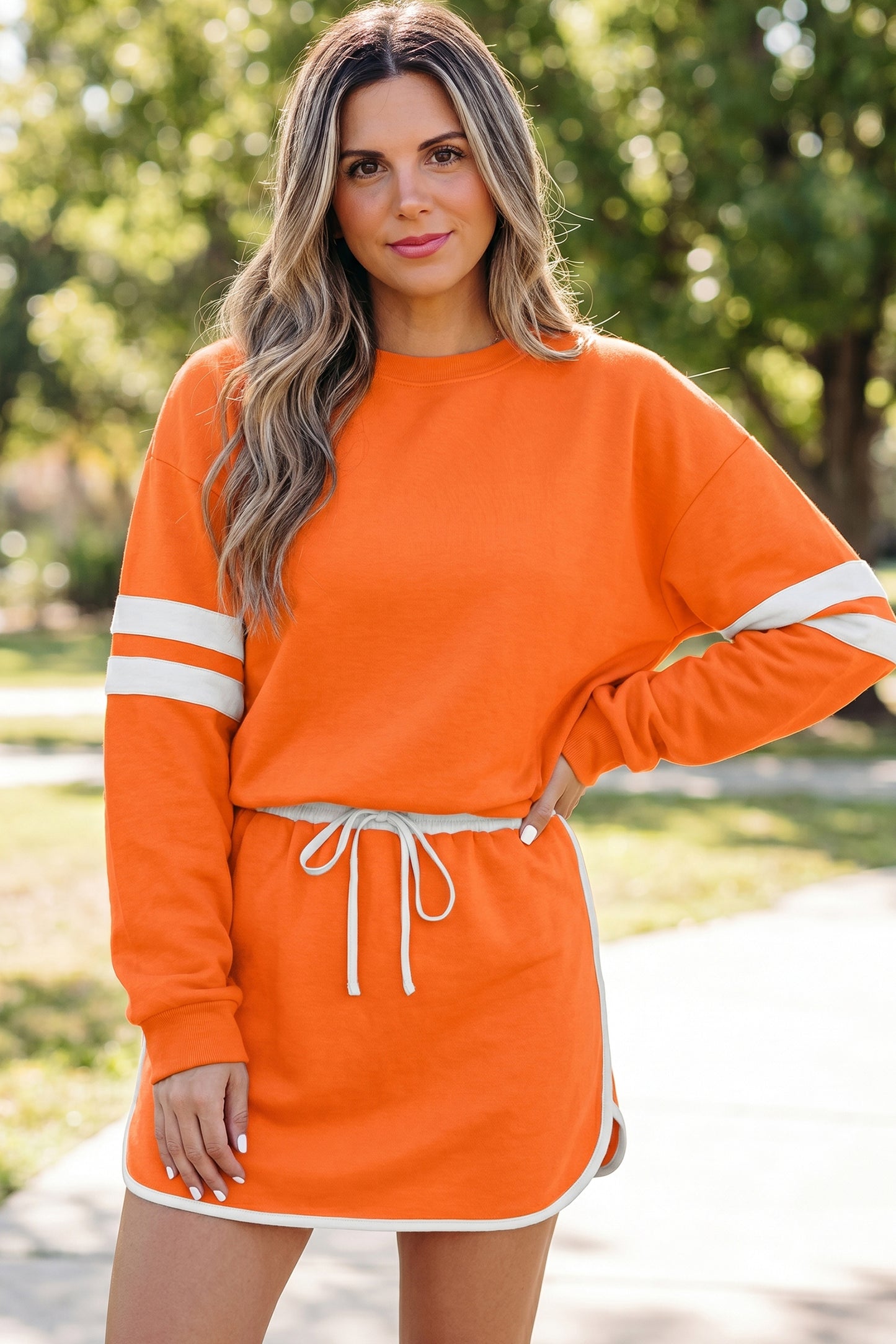 Orange Varsity Stripe Detail Drop Shoulder Pullover Mini Skirt Set