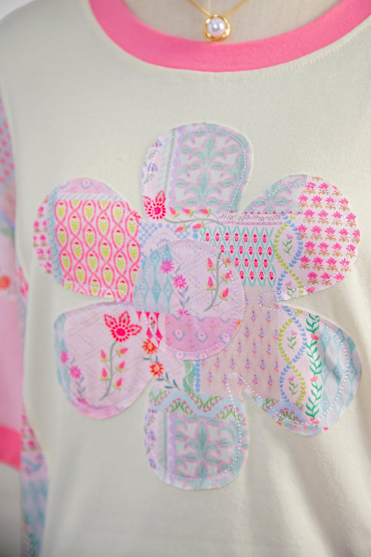 Beige Color Block Floral Patchwork Big Flower Accent Relaxed Top