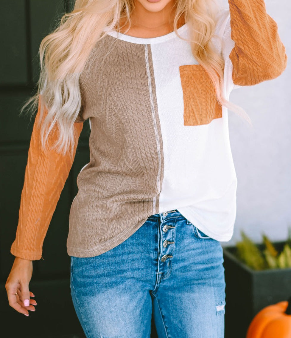 Orange Long Sleeve Colorblock Chest Pocket Textured Knit Top