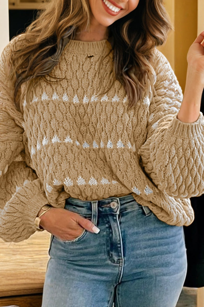 Pale Khaki Contrast Detail Textured Knit Puff Sleeve Baggy Sweater