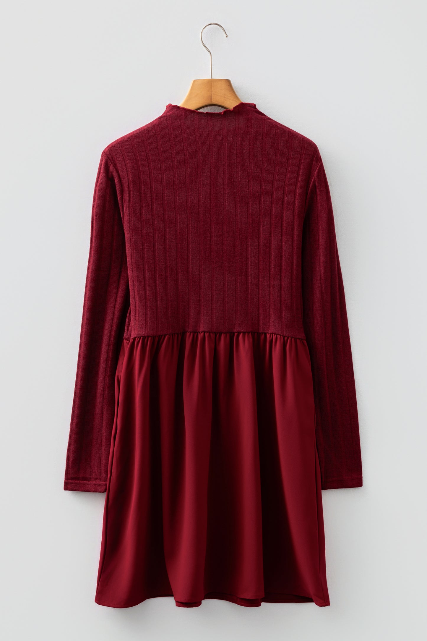Black Frilled Neck Ribbed Knit Patchwork Long Sleeve Mini Dress