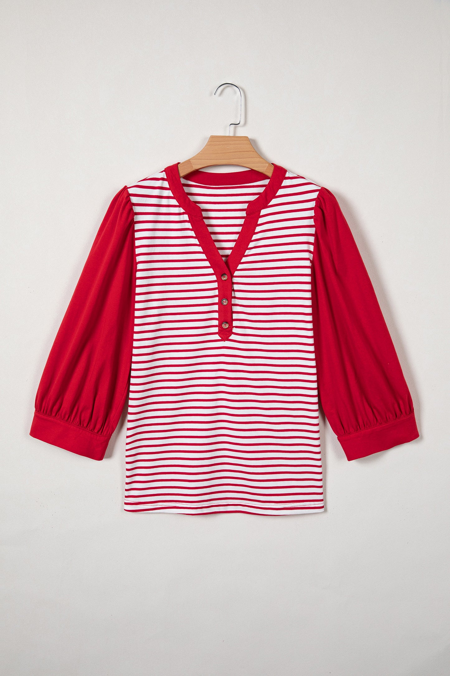 Red Stripe Half Placket V Neck Contrast 3/4 Sleeve Patchwork Top