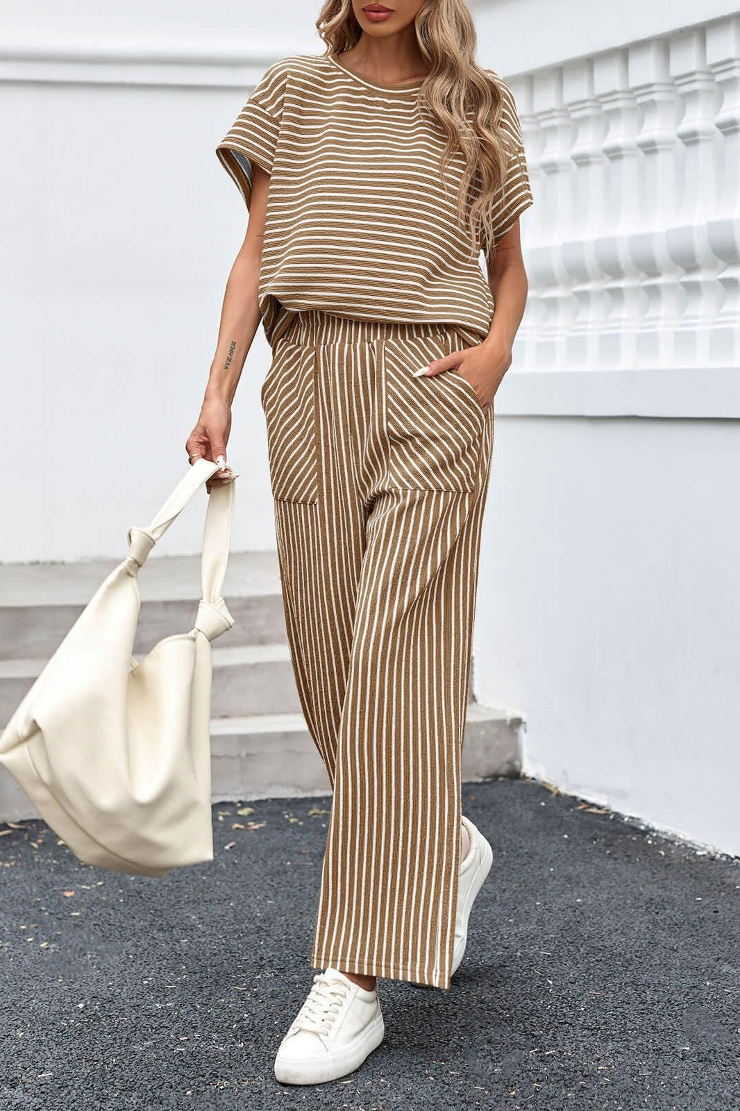 Striped Wide Leg Pants Set Casual Summer Lounge Outfit
