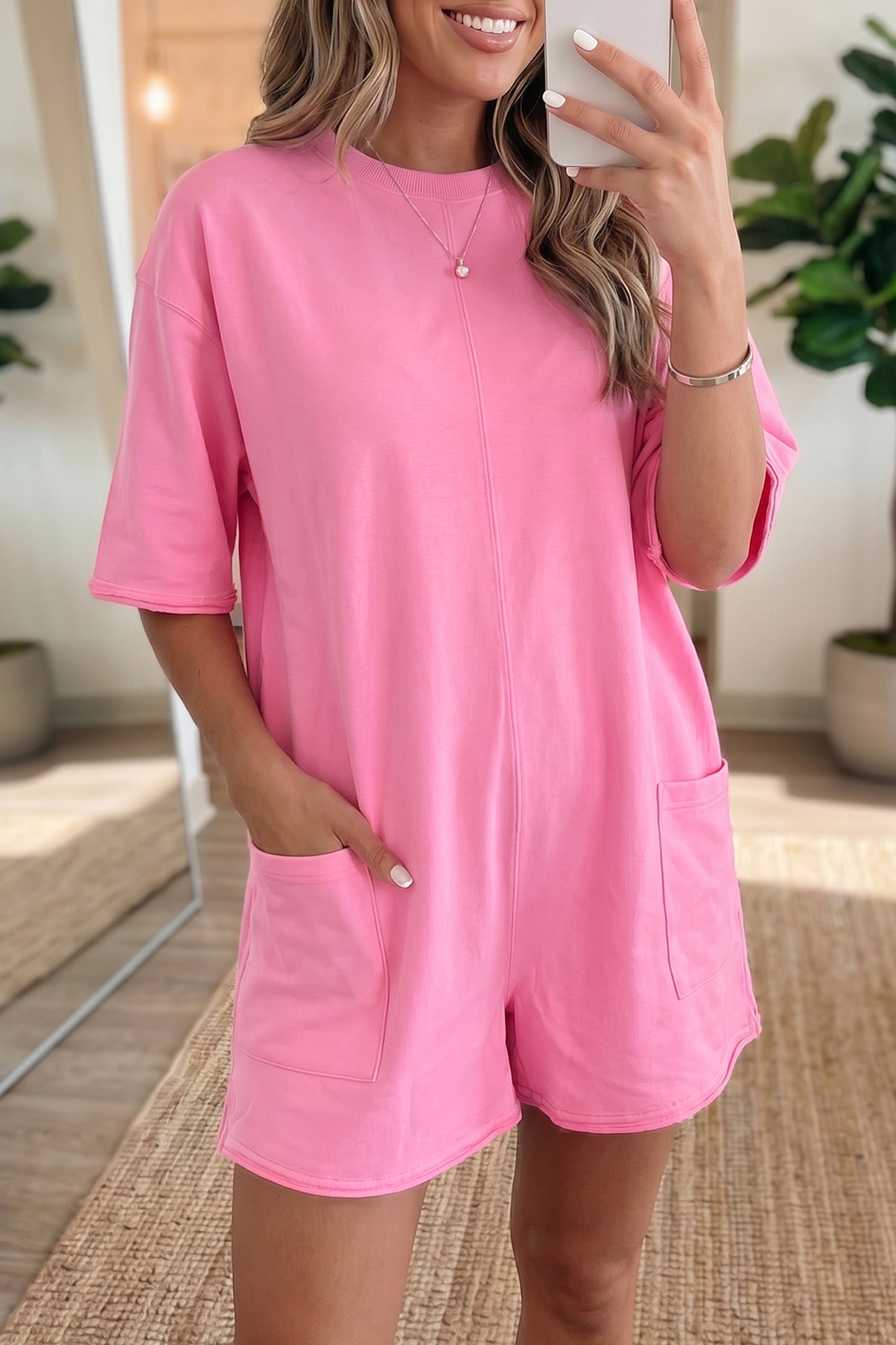 Solid Cotton Romper Shift Half Sleeve Casual Daily