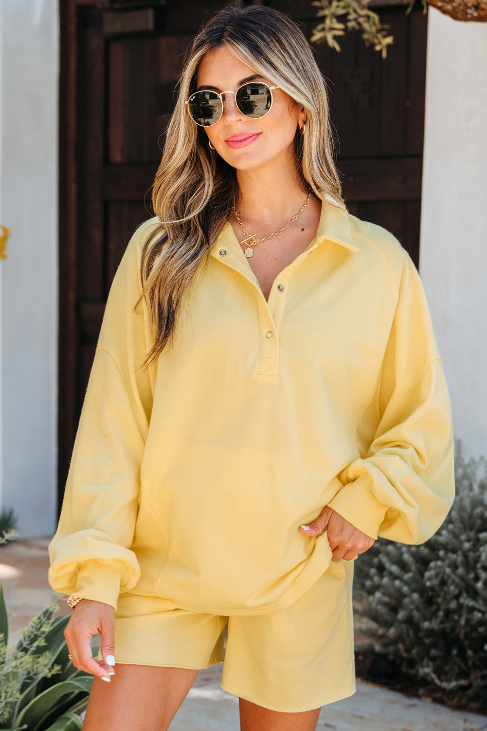 Yellow Cream Button Collar Drop Shoulder Pullover and Shorts 2pcs Outfit