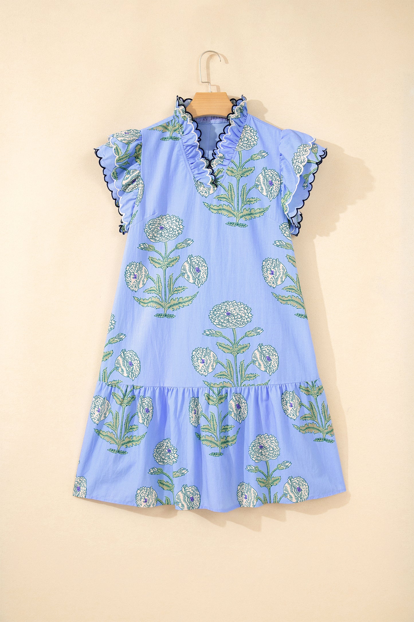 White Wild Floral Print Scalloped Embroidery Trim V Neck Drop Waist Mini Dress