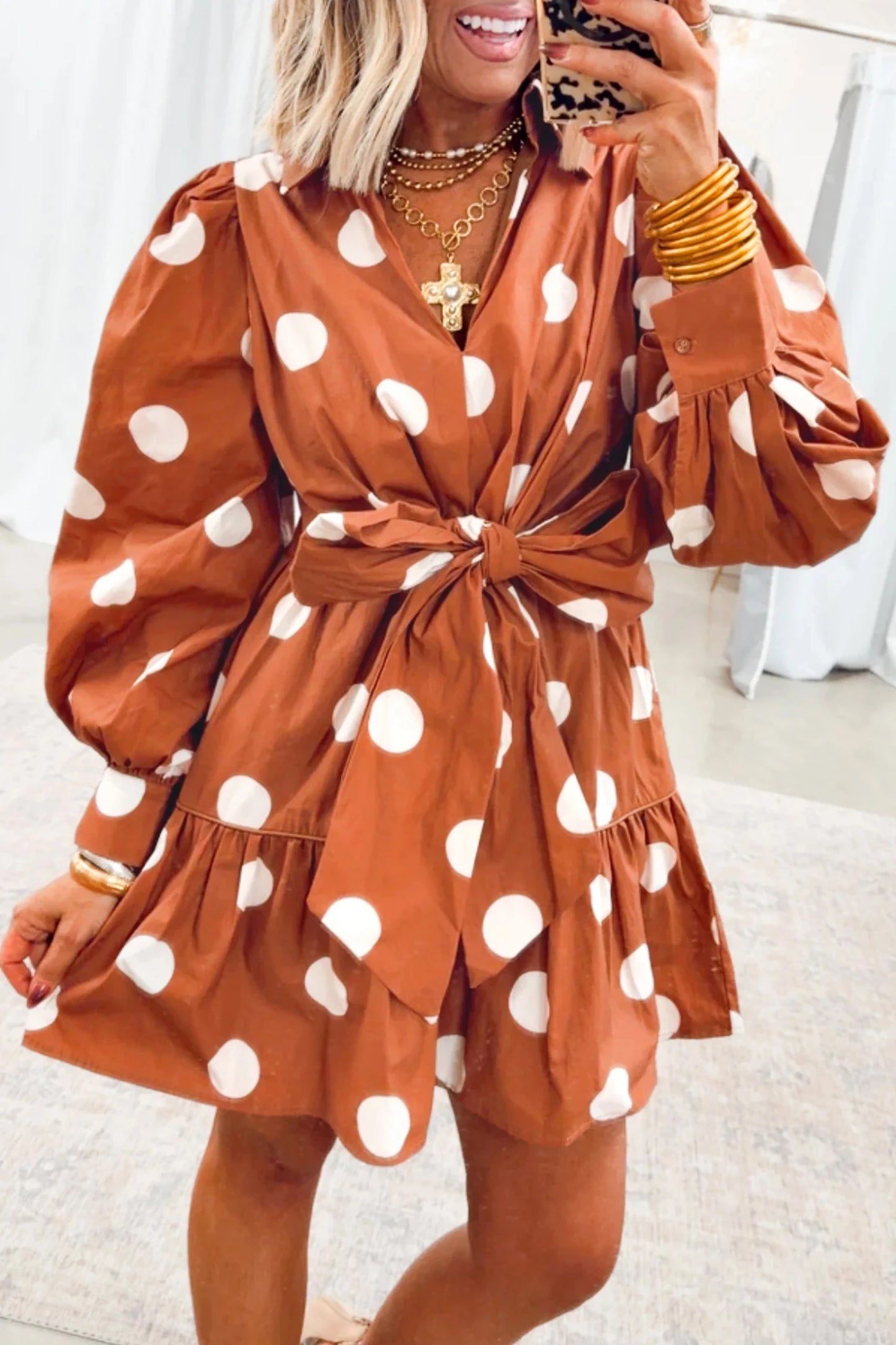 Polka Dot Long Sleeve Tie Waist Casual Shift Mini Dress