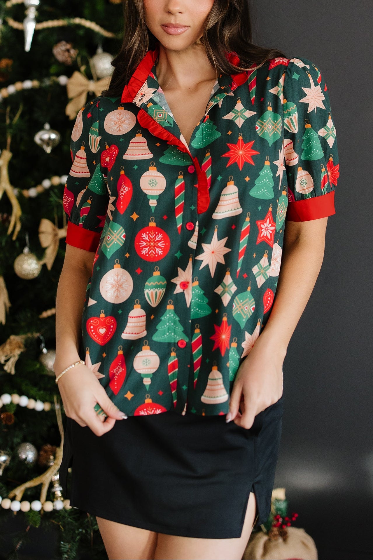 Green Christmas Fashion Print Contrast Trim Frilled Neck Short Sleeve Blouse