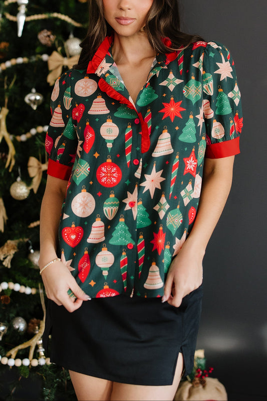 Green Christmas Fashion Print Contrast Trim Frilled Neck Short Sleeve Blouse