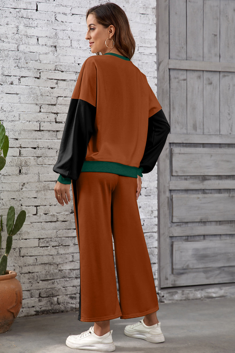 Blackish Green 2pcs Color Block Pullover Loose Pant Set