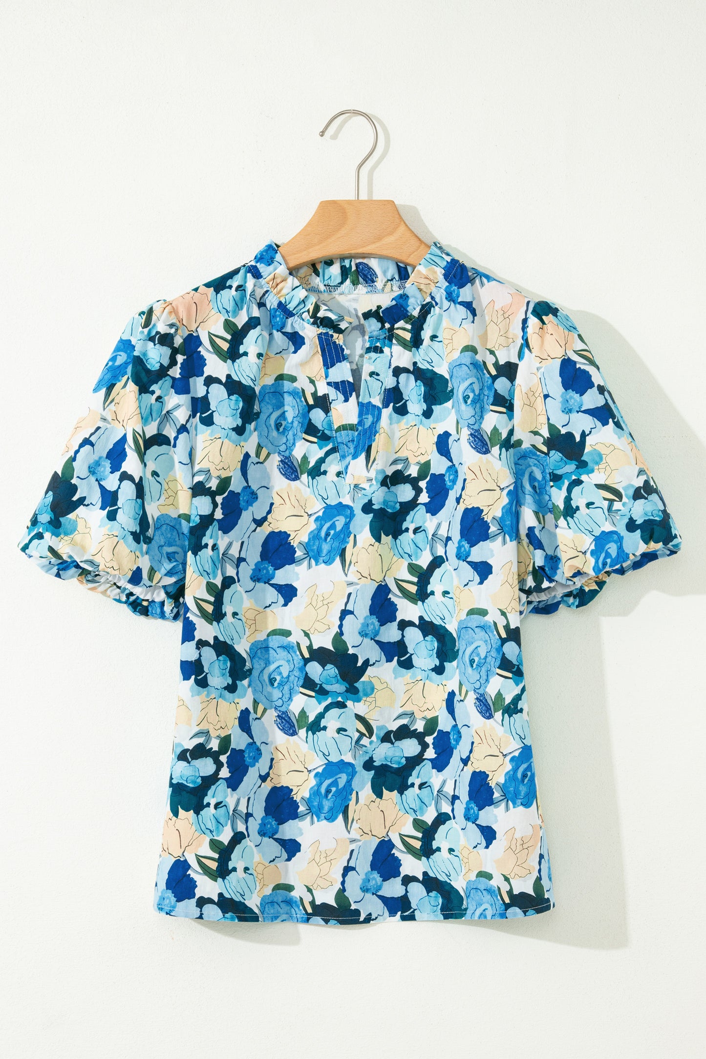 Sky Blue Floral Print Short Puff Sleeve V Neck Blouse