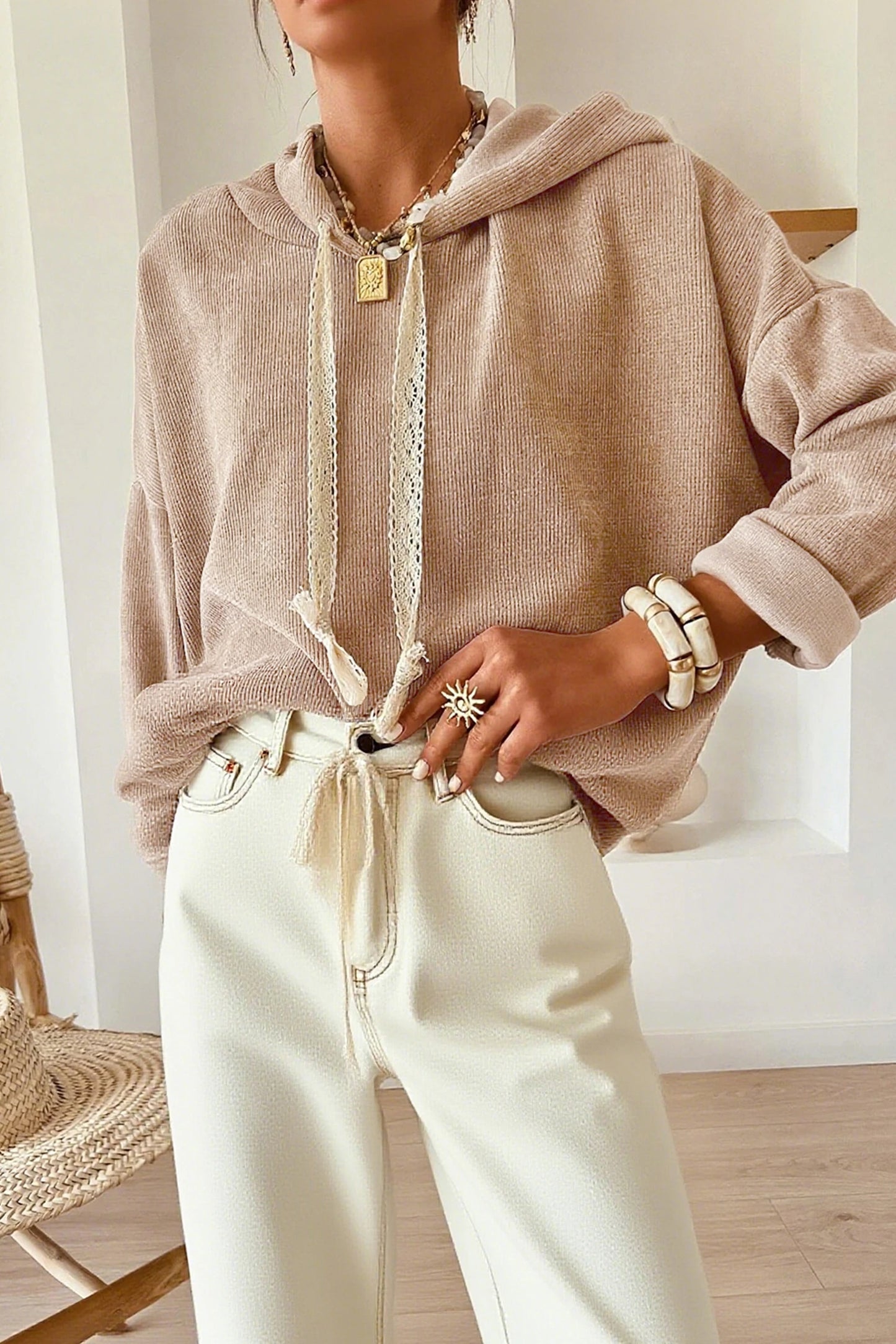 Rose Tan Thermal Textured Lace Drawstring Baggy Hoodie