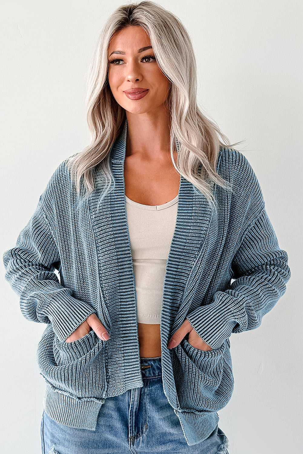Chestnut Mineral Wash Exposed Seam Patchwork Knit Open Sweater Cardigan