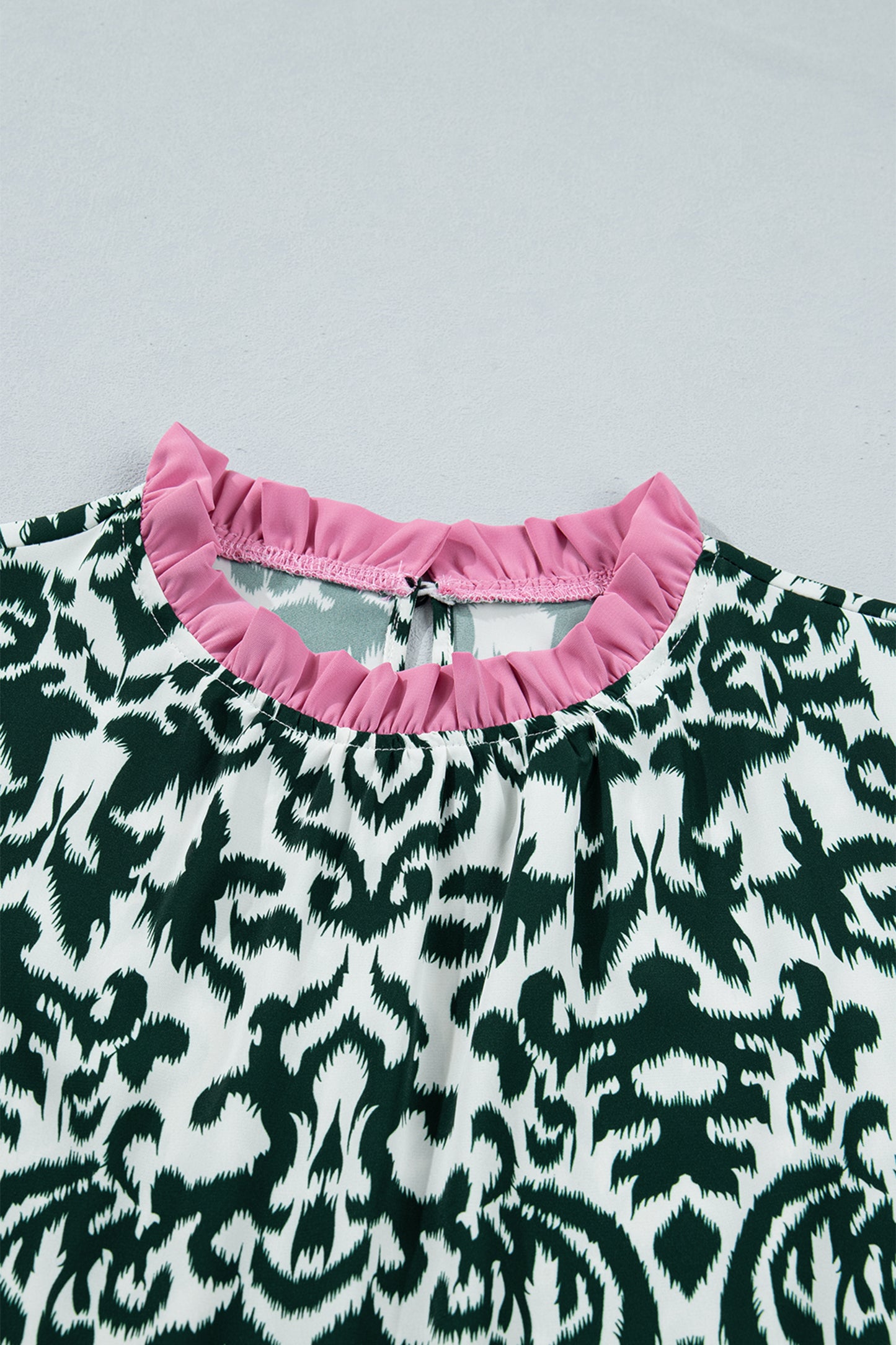 Black Damask Print Ruffled Color Block Detail Half Sleeve Blouse
