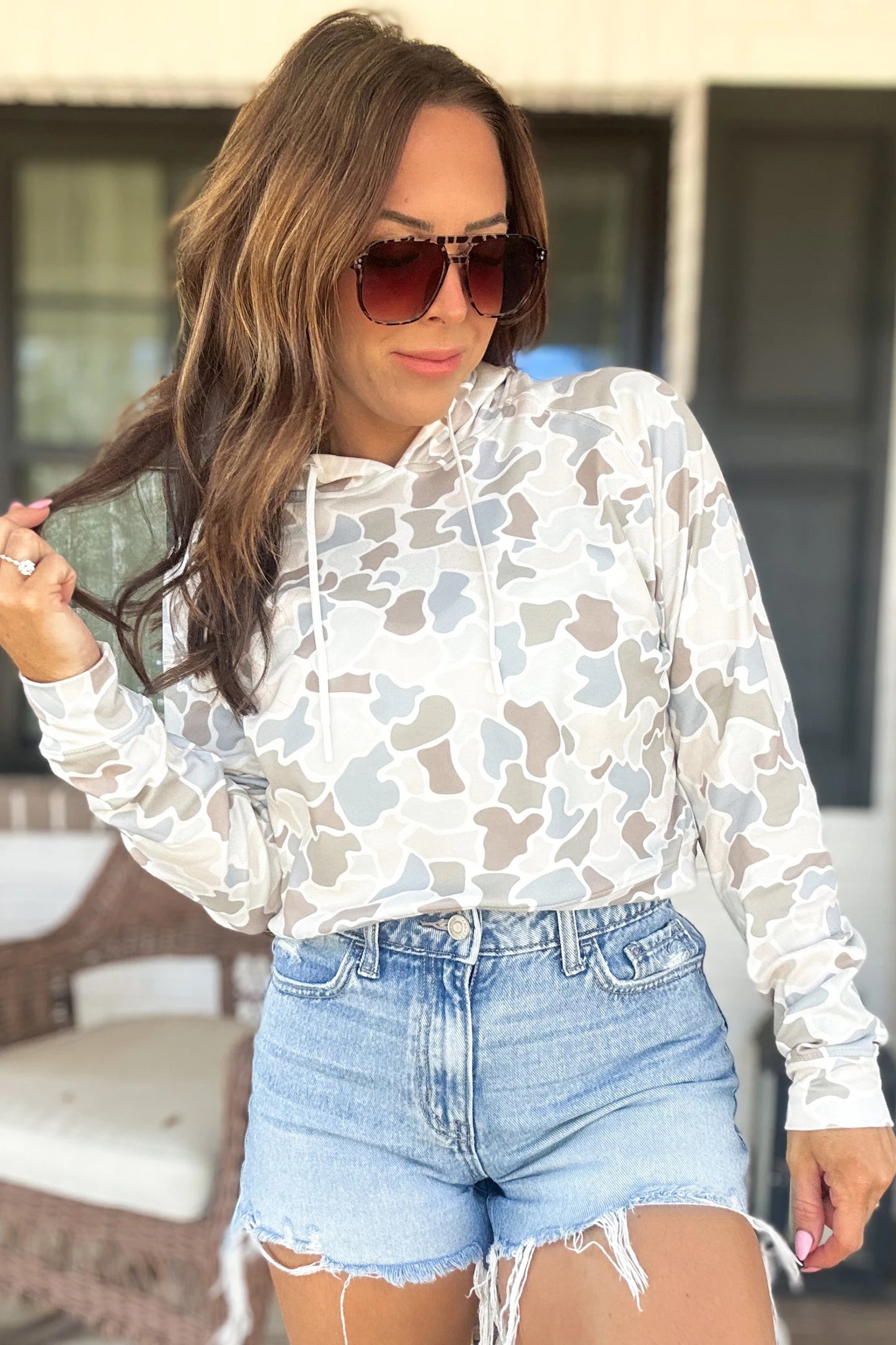 Camouflage Print Long Sleeve Hooded Pullover Casual Top