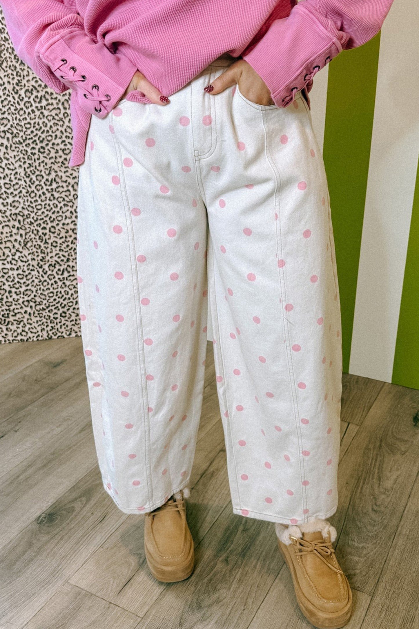 Polka Dot Cotton Jeans Casual High Waist Wide Leg