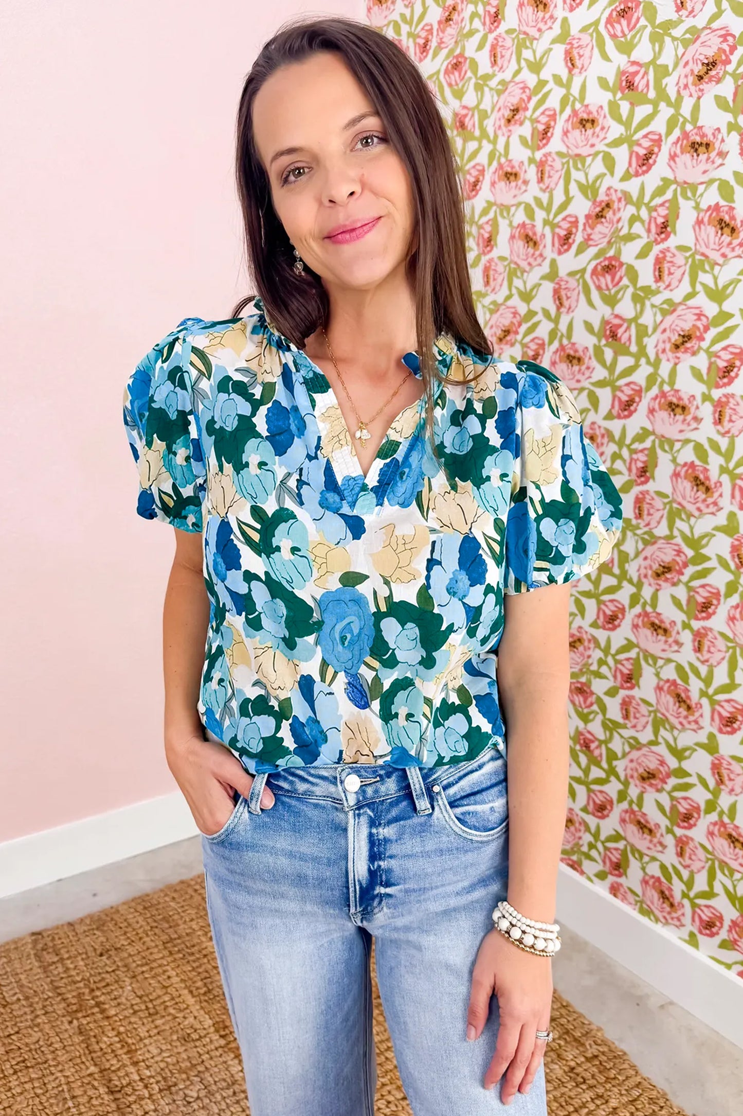 Sky Blue Floral Print Short Puff Sleeve V Neck Blouse