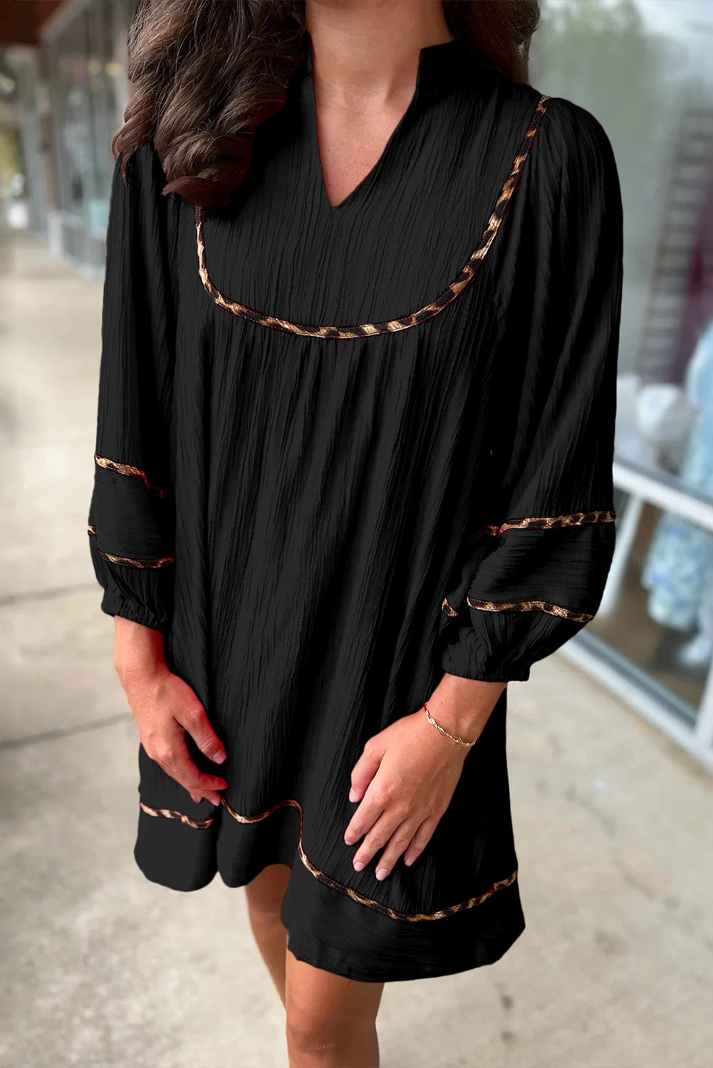 Fiery Red Textured V Neck Leopard Contrasted Trim Long Sleeve Shift Mini Dress