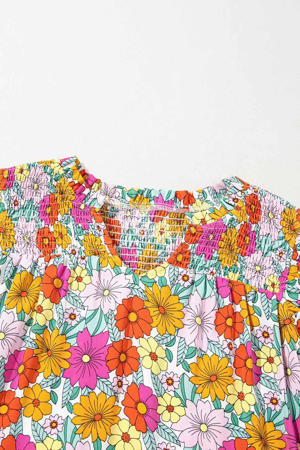 Sky Blue Floral Print Smocked Notch V Neck Flutter Sleeve Mini Dress