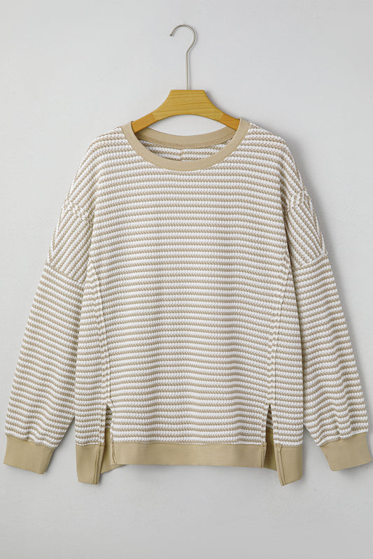 Brown Stripe Plus Size Breathable Knit Ribbed Trim Long Sleeve Top