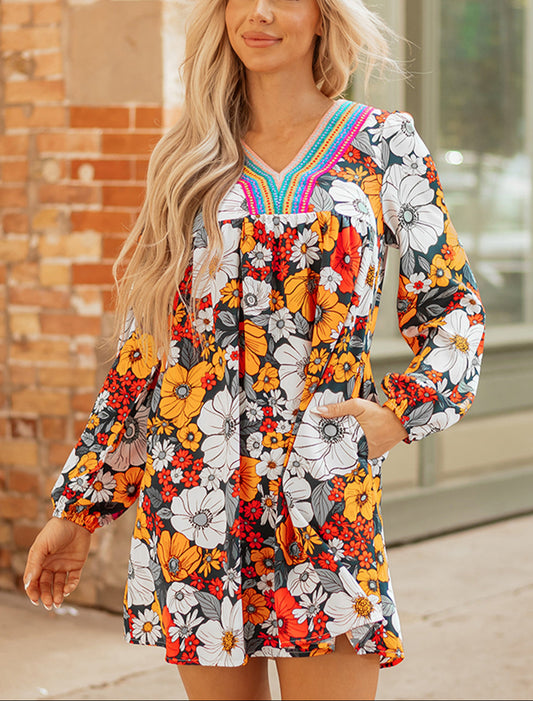 Orange Floral Print Striped Lace V Neck Long Sleeve Mini Dress