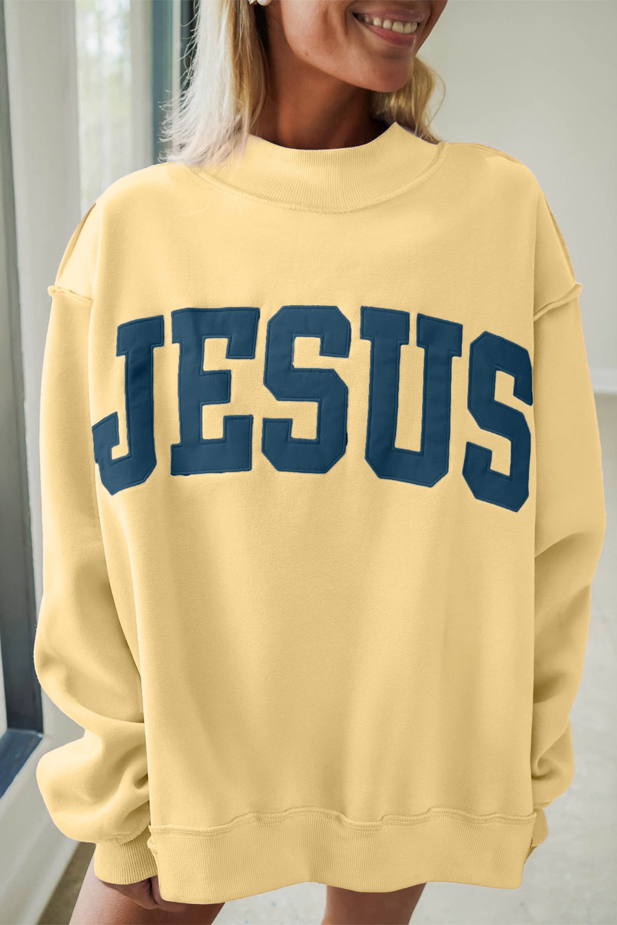 Meadow Mist Green JESUS Letter Patch Graphic Exposed Seam Mock Neck Baggy Sweatshirt
