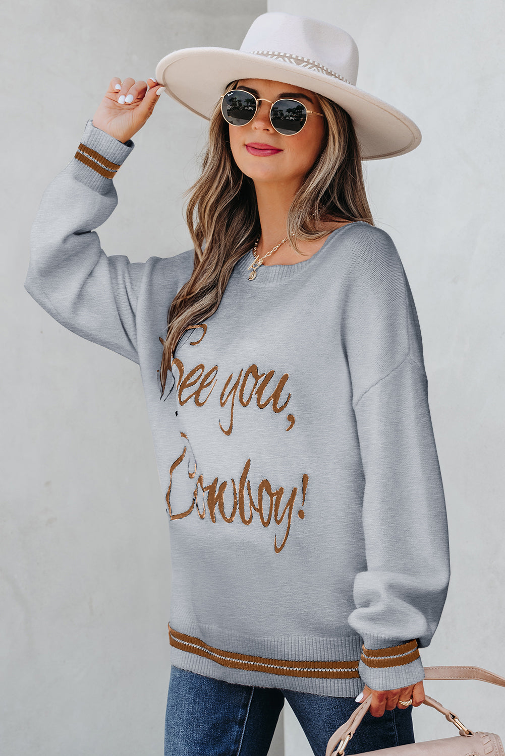 White See You Cowboy Embroidered Western Graphic Sweater