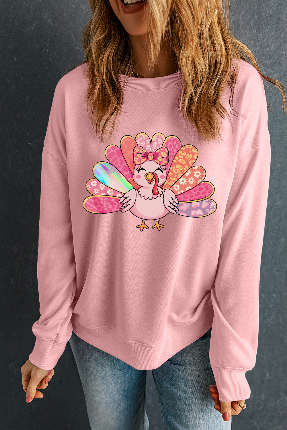Pink Cute Thanksgiving Turkey Printed Drop Shoulder Sweatshirt