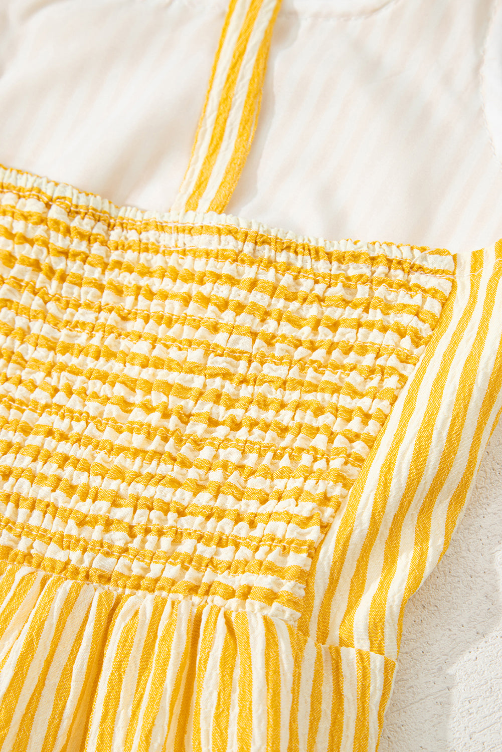 Yellow Stripe Shoulder Tie Smocked Back Wide Leg Casual Romper