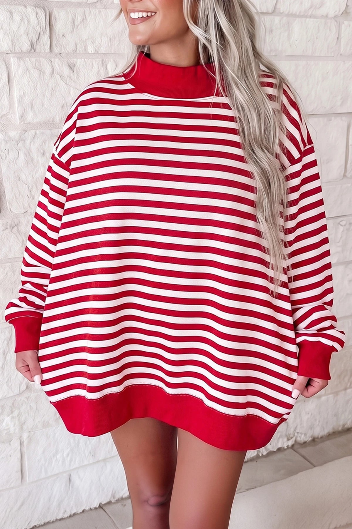 Green Stripe Cozy Mock Neck Oversized Tunic Sweatshirt