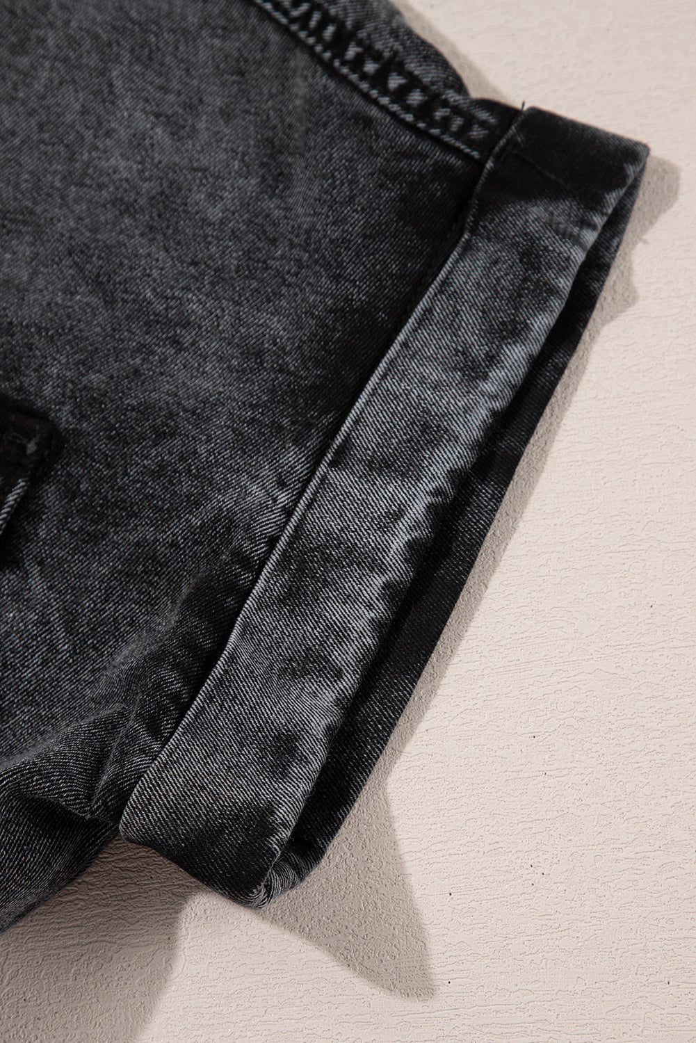 Short Sleeve Button Up Denim Shirt with Flap Pockets and Raw Hem