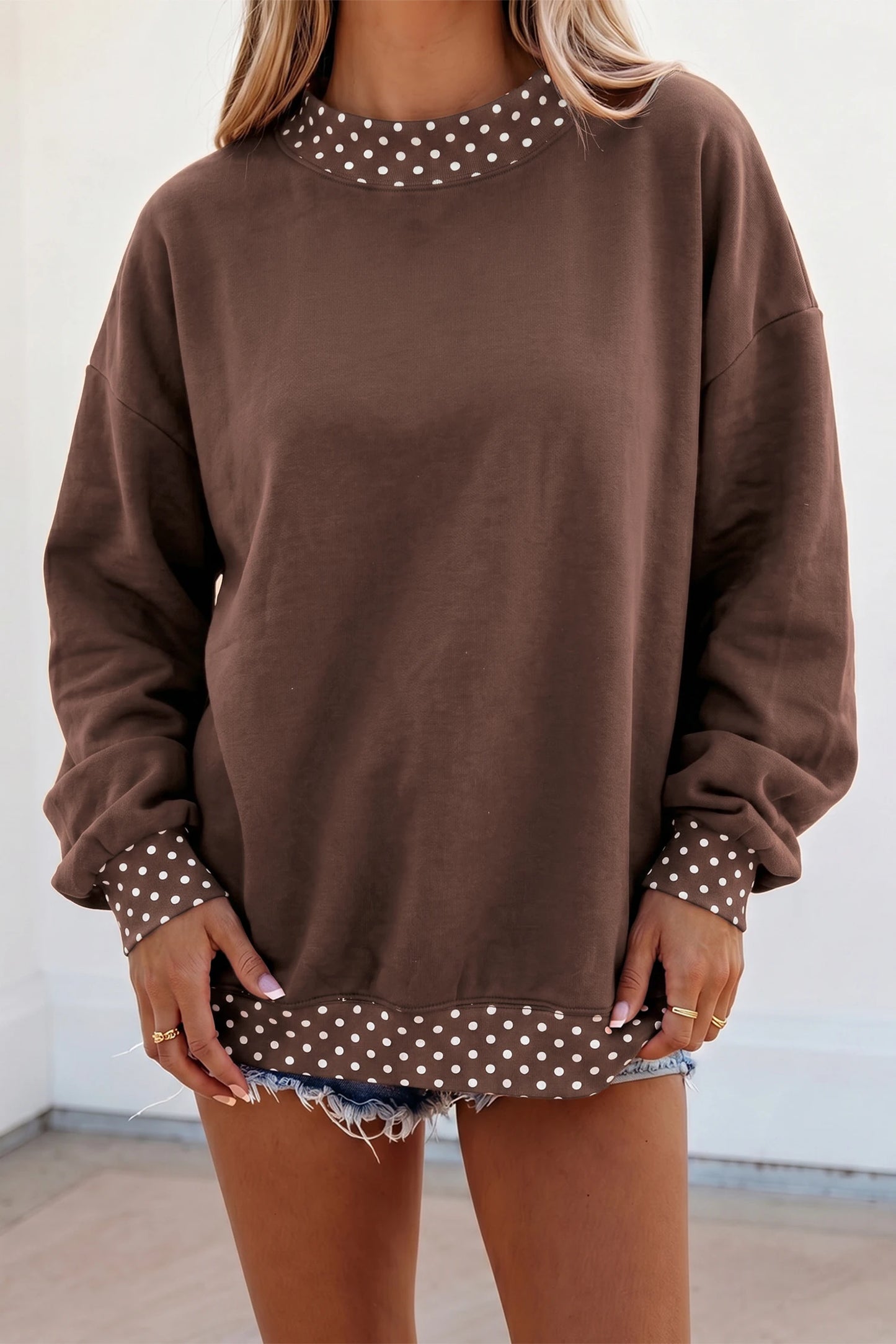 Colorblock Polka Dot Contrast Trim Oversized Sweatshirt