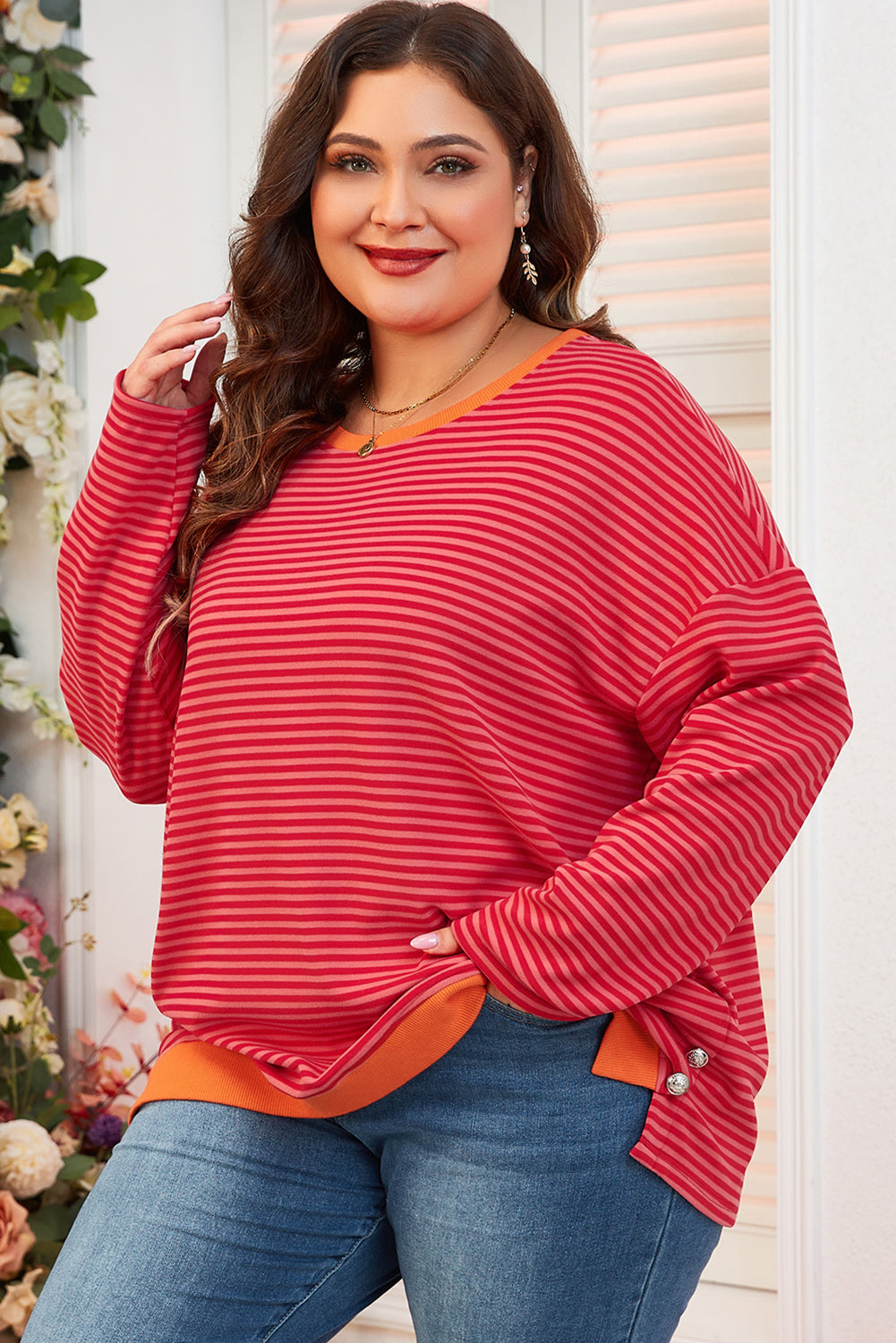 Stripe Plus Size Drop Shoulder Long Sleeve Buttoned Decor Top