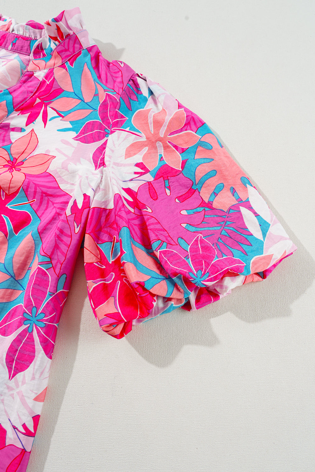 Rose Tropical Plant Printed V Neck Puff Sleeve Blouse