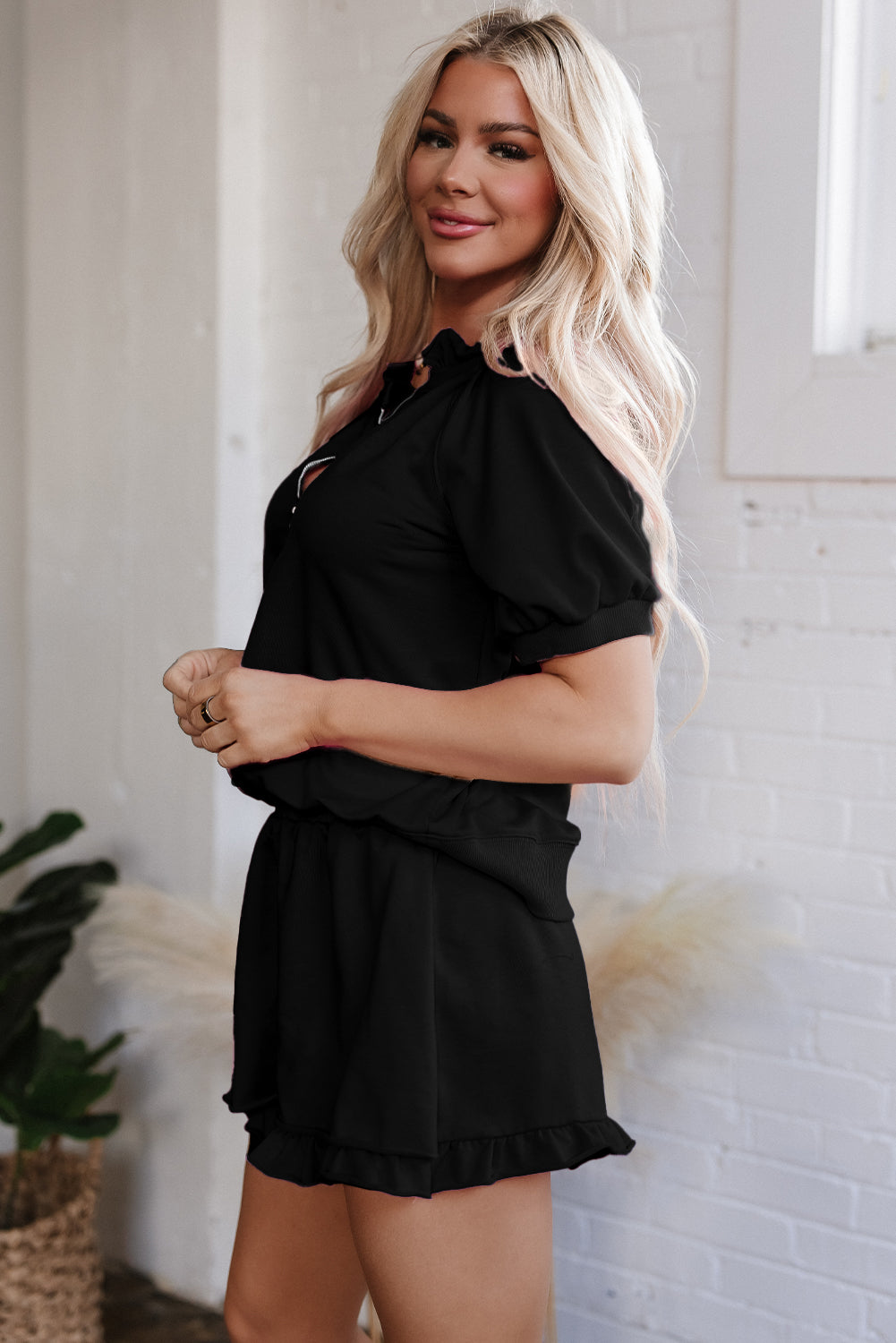 Sea Green Half Zip Puff Sleeve Top and Ruffled Shorts Set