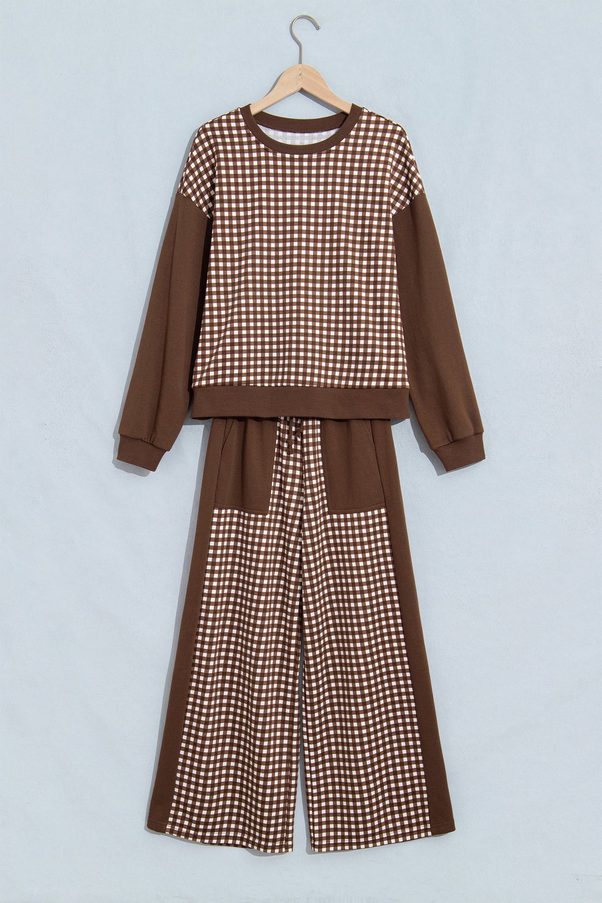Khaki Color Block Plaid Patchwork Long Sleeve Pullover Wide Leg Pant Set