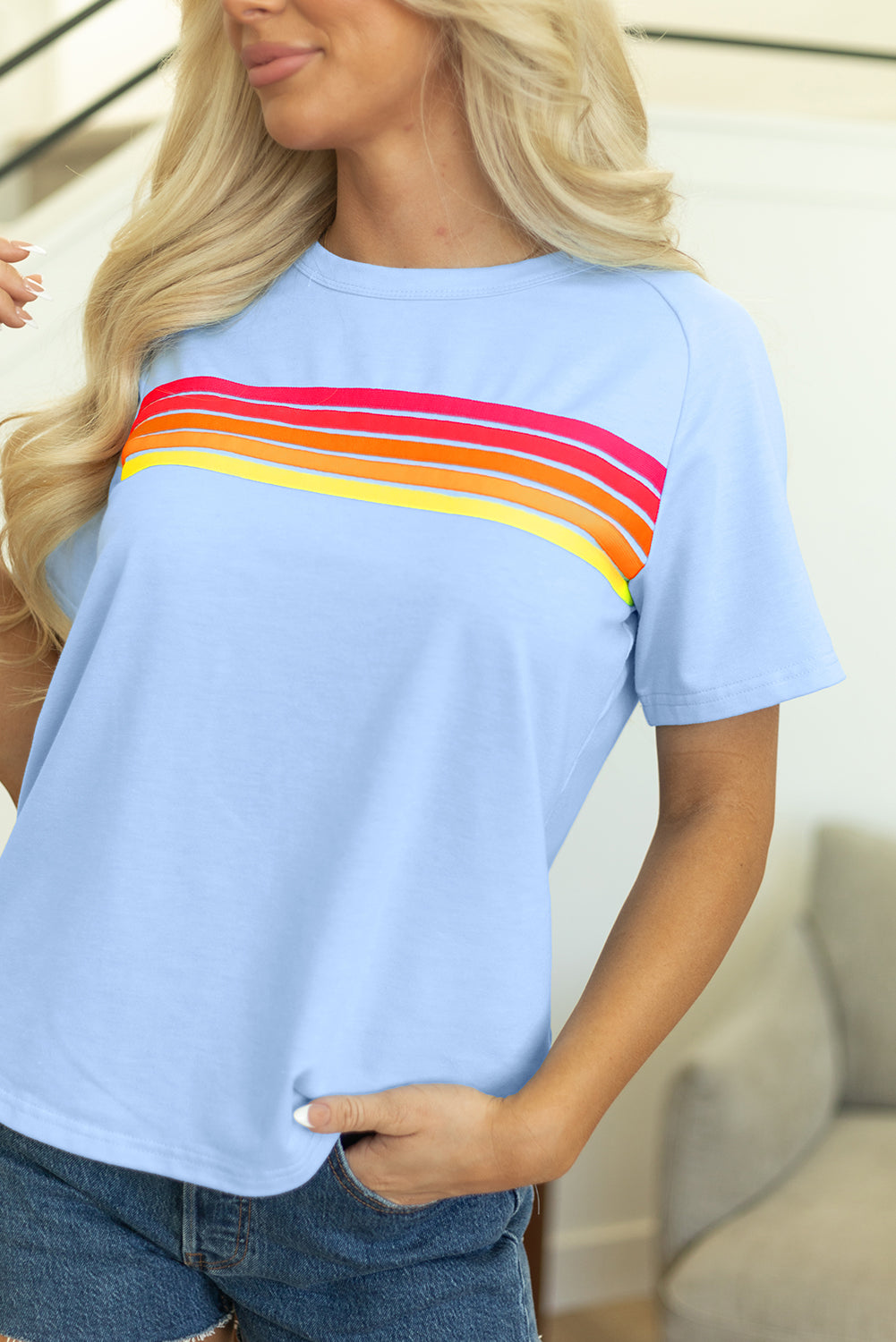 Solid Color Striped Patch Front Casual Tee