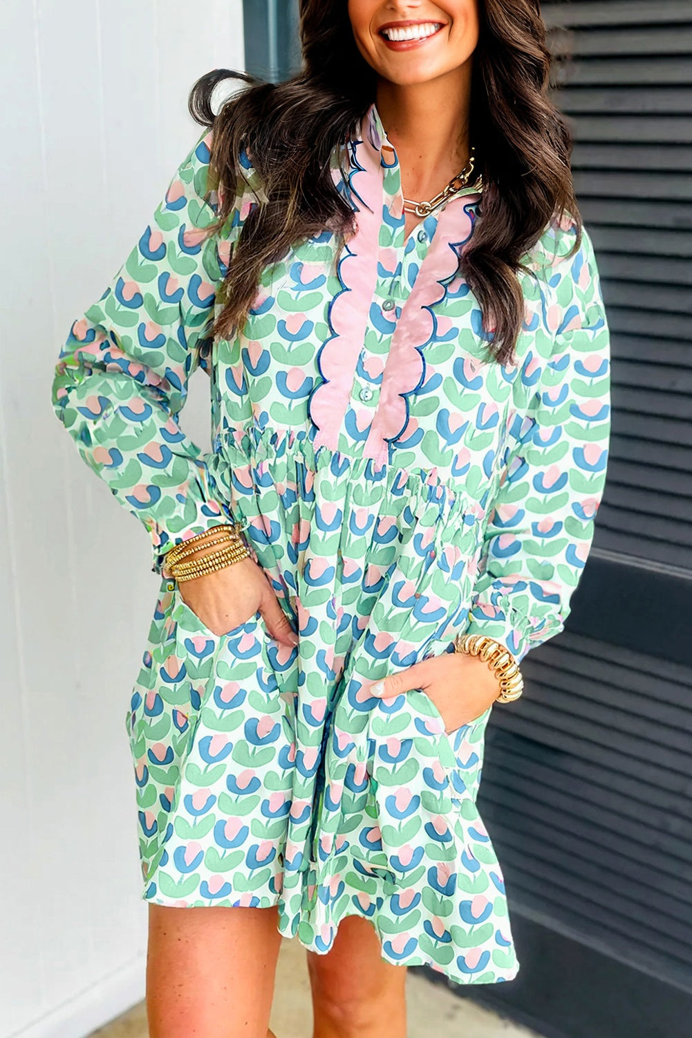 Green Floral Print Notched Neck Scalloped Detail Long Sleeve Mini Dress