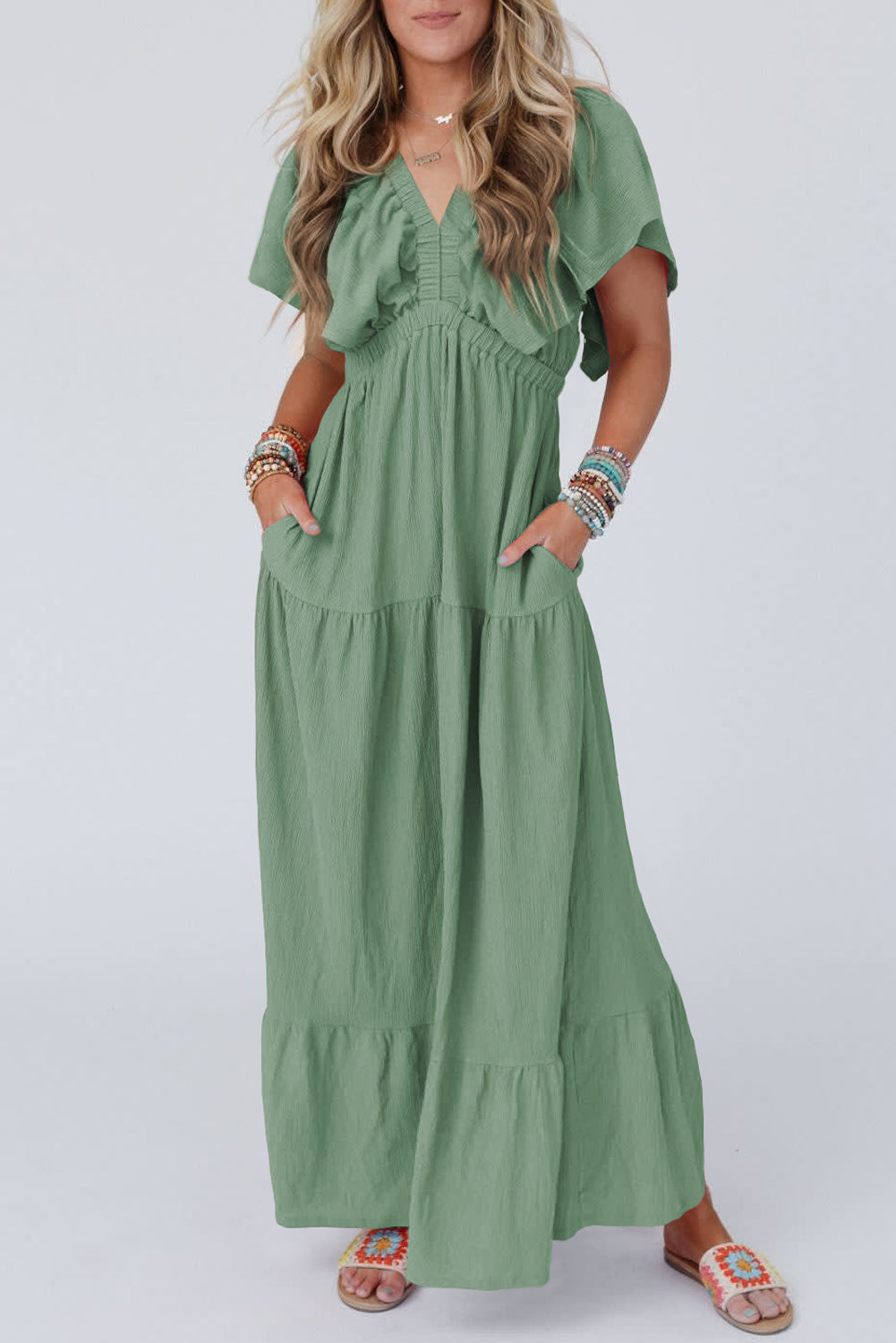 Green Textured V Neck Flutter Sleeve Ruffled Maxi Dress
