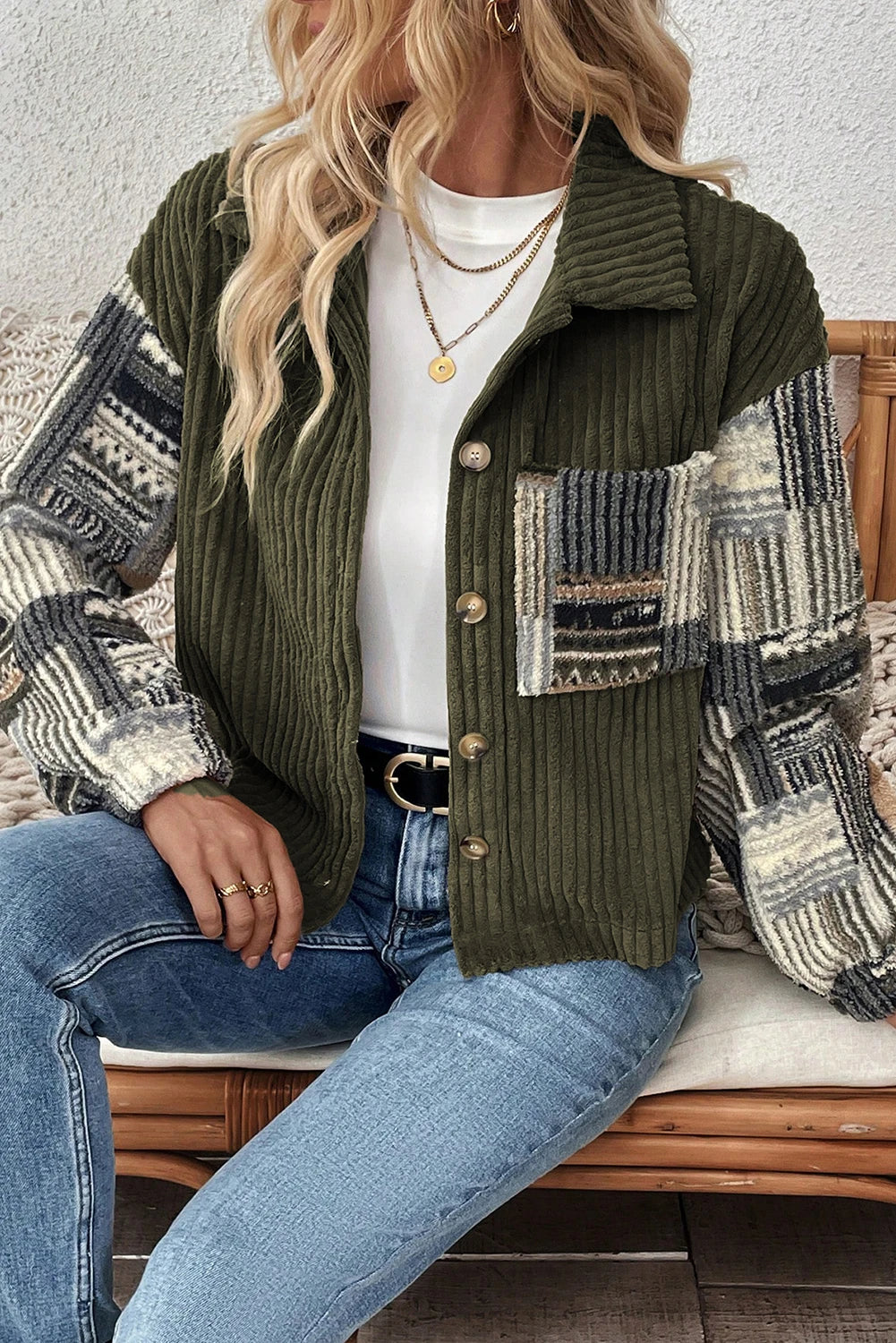 Jungle Green Ribbed Fleece Plaid Print Patchwork Button Up Jacket
